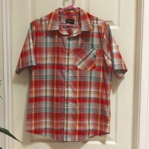 Marmot Men's Short Sleeve Button Down Red/Gold Tartan Plaid Casual Shirt Size M